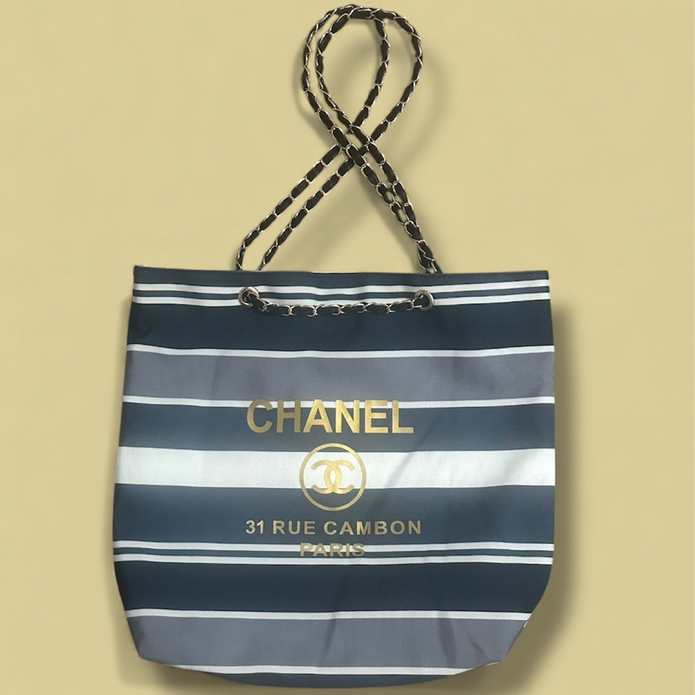CHANEL Striped Denim Travel Tote. BRAND NEW in Pack. CC Logo - Authentic